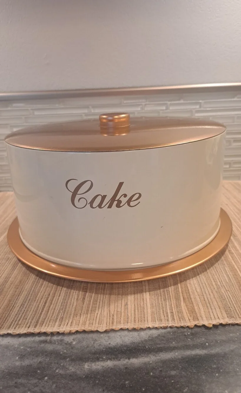Vtg Decoware Cake Carrier Copper / White Metal Tin